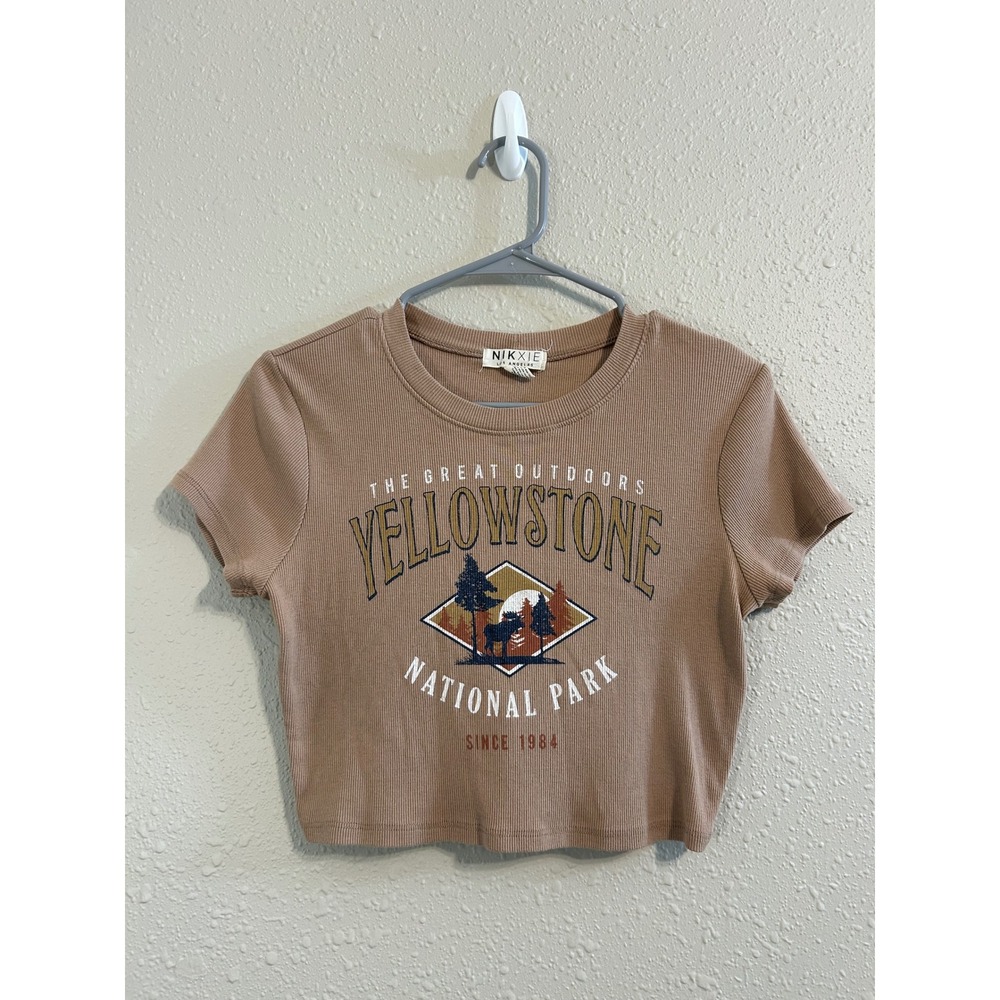 Nikxie‎ Yellowstone National Park Graphic Crop Top Tan Ribbed Short Sleeve Large